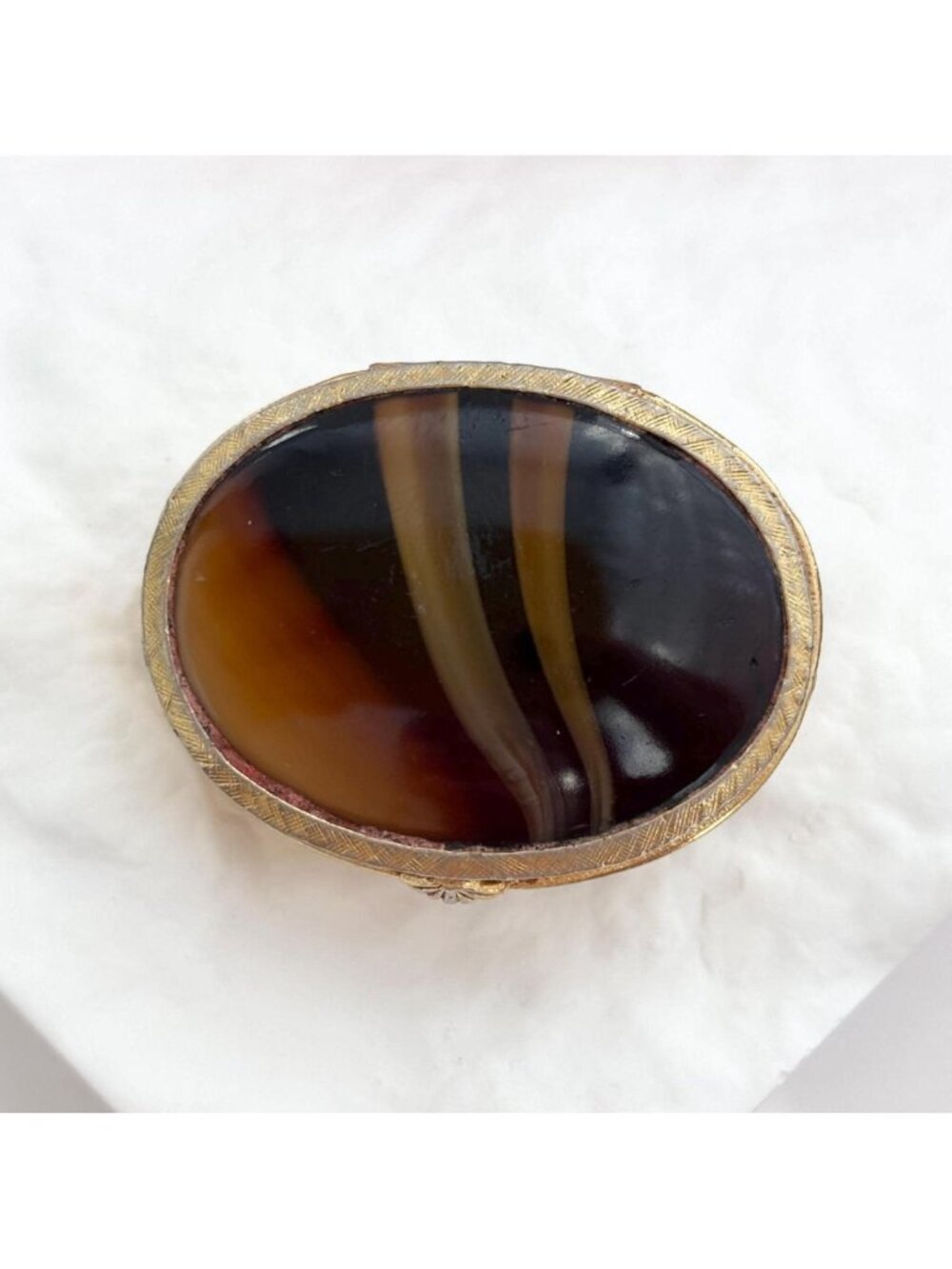 Tiger's Eye Oval Gold Toned Vintage Antiqued Textured Pill Box | Jewelry Box